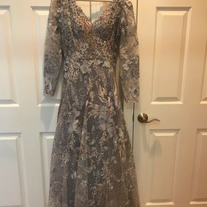 Mac Duggal silver beaded gown